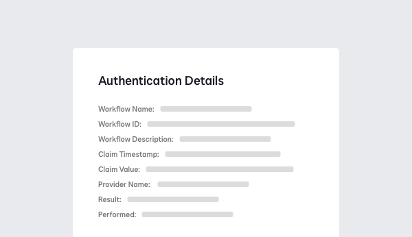 Screenshot mit Authentifizierungsdetails, einschließlich des Workflows, des Zeitstempels und des Ergebnisses.
